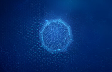 A glowing, hexagonal, circular shape is seen floating in a sea of dark blue, geometric, patterned waves.