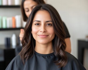 Hispanic woman getting her hair styled at a salon, her stylist carefully working on her hair, with an array of haircare products in the background. Beauty and personal care without objectification.