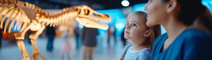 A Hispanic mother and her child explore an engaging science museum on school field trip, observing an impressive dinosaur skeleton exhibit among other families. Curiosity and importance of education.