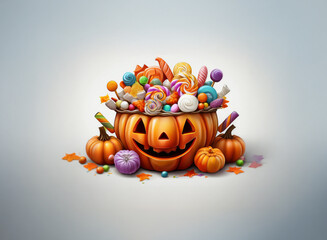 Poster - A jack-o'-lantern overflowing with colorful candies, surrounded by smaller pumpkins and scattered autumn leaves on a light gray background.