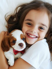 Wall Mural - A young girl smiles brightly while holding a puppy. AI.