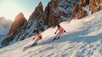 Winter Ski Resort high quality photo. Mountains and forest trees, vail snowy landscape. Family holidays vacation background.