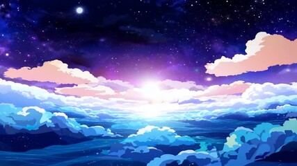 Wall Mural - sky video calm 4k cartoon night starry Fantasy animation style landscape looping anime magnificence ocean background The sea nature dark star blue beautiful water light horizon space moon black wave 