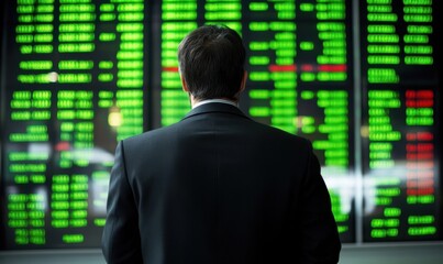 Businessman in front of a stock market display