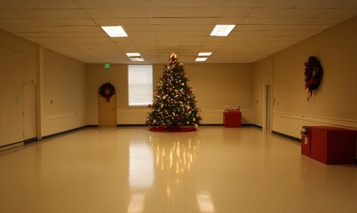 A large empty room with a Christmas tree in the corner. The tree is decorated with lights and ornaments. There are two red boxes on the floor