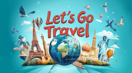 A colorful travel poster featuring a 3D globe and famous landmarks, inviting you to explore the world. The text 