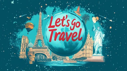 A colorful travel poster featuring a 3D globe and famous landmarks, inviting you to explore the world. The text 