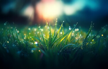 Dew drops glisten on blades of green grass in the early morning light, with a blurred background of a sunrise.