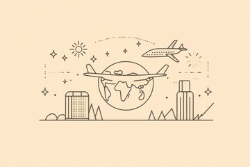Leinwandbilder - An airplane flies over a globe while a suitcase sits beside vibrant landscapes, symbolizing the excitement of international travel. Generative AI