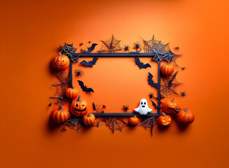 Aufkleber - A black frame with bats and spiderwebs surrounds a ghost and pumpkins against an orange background.