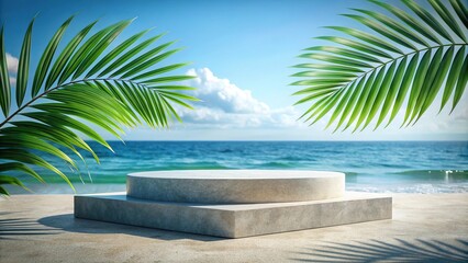 Natural stone podium with tropical leaf on ocean backdrop