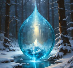 Illustration of frozen blue glowing water drop.