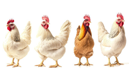 Poster - collection of solitary white chickens on a transparent background generative ai