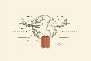 Poster - A globe is surrounded by two airplanes taking off, with a suitcase positioned below, representing the excitement of global travel. Generative AI