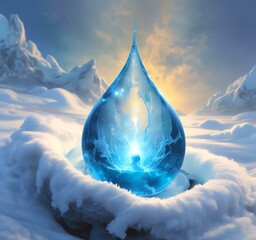 Illustration of blue glowing frozen water drop with fresh energy inside.