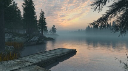 serene misty lake at sunrise with wooden dock