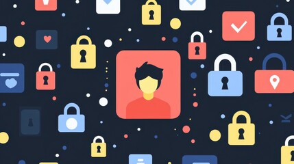 Poster - A digital user profile icon surrounded by padlocks, encrypted code, and privacy settings icons, symbolizing strong online identity protection