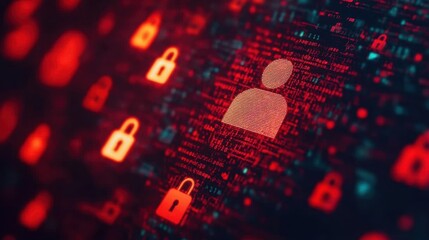 Poster - A digital user profile icon surrounded by padlocks, encrypted code, and privacy settings icons, symbolizing strong online identity protection