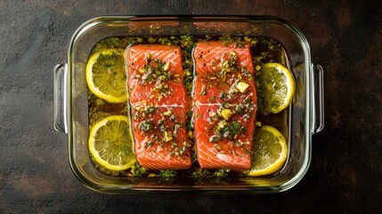 Poster - Fresh Salmon Fillets with Lemon and Herbs Marinade