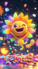 Dancing cartoon sunflower with rainbow petals, happy garden scene