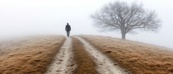 Wall Mural - A lone individual is seen walking along a path through thick fog, with a bare tree standing nearby on a chilly morning in the serene countryside