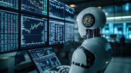 Poster - A robot overseeing stock charts and global portfolios on several screens, managing complex financial data in a modern workspace.