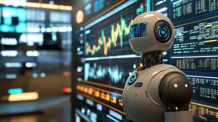Poster - A robotic assistant managing stock charts and global investments across multiple screens, highlighting tech-driven financial solutions