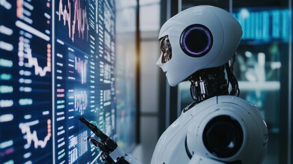 Poster - A robotic assistant managing stock charts and global investments across multiple screens, highlighting tech-driven financial solutions