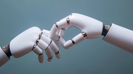 Two robotic hands gently touching, symbolizing connection and interaction between technology and humanity.