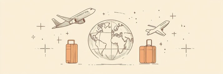 Aufkleber - The design showcases a globe surrounded by airplanes and suitcases, inviting viewers to embrace the adventure of travel. Generative AI