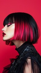 Wall Mural - side profile of a model with black and red bob hairstyle with bangs