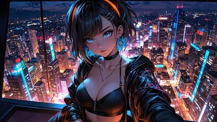 A stylish anime girl with a unique hairstyle wearing a futuristic outfit posing in front of a neon-lit cityscape