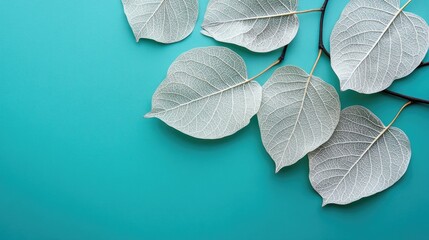 Poster - delicate white leaves on a turquoise background