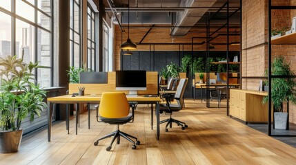 Interior architecture of a modern office space with open workstations, natural light and contemporary design elements.