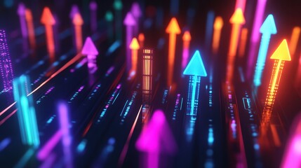 Poster - Bright digital arrows rise sharply, showcasing business growth, financial gains, and positive progress. Optimistic, futuristic setting