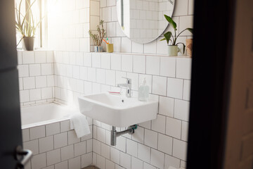 Bathroom, interior and empty in home with basin, bath and sunshine with mirror for cleaning routine. Room, bathtub and sink for hygiene, wellness and washing for bacteria, plants and morning in house