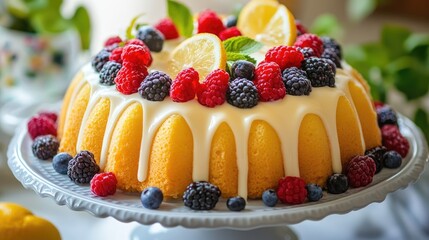 Canvas Print - Lemon pudding cake garnished with fresh berries