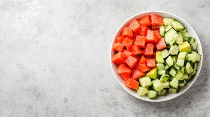 Wall Mural - Fresh Salmon and Cucumber in Bowl on Gray Background