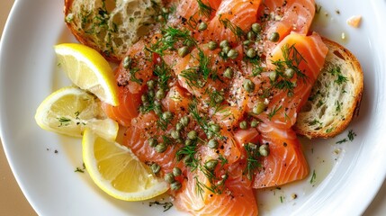 Sticker - Fresh Salmon with Lemon and Capers on Plate