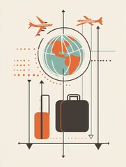 Aufkleber - This artwork showcases the excitement of international travel with a globe, suitcase, and planes in mid-flight, reflecting wanderlust. Generative AI