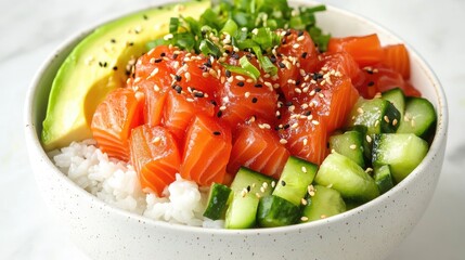 Wall Mural - Fresh Salmon Sushi Bowl with Rice and Vegetables