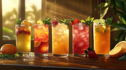 nviting lineup of five colorful iced drinks, garnished with fresh fruits and herbs, stands aglow in the warm golden sunlight, perfect for summer menu promotions or beverage .