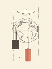 Aufkleber - A globe is depicted with an airplane flying above it and two suitcases hanging below, symbolizing the essence of international travel. Generative AI
