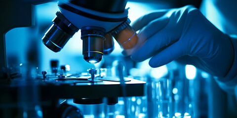 Wall Mural - scientist's hands are working next to a microscope, close-up, background