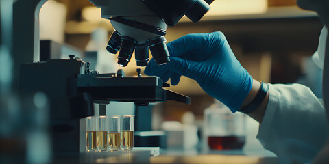 Wall Mural - scientist's hands are working next to a microscope, close-up, background