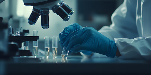 Wall Mural - scientist's hands are working next to a microscope, close-up, background