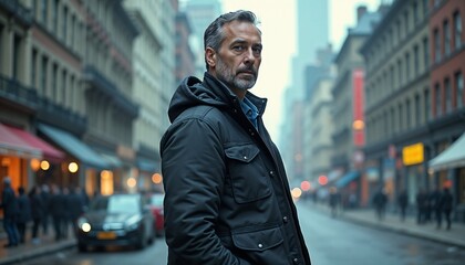 Confident man in a black jacket standing on a busy city street
