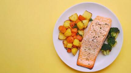 Wall Mural - Healthy Salmon and Vegetables on Yellow Background