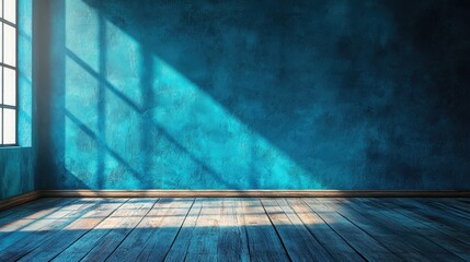 Sticker - Empty blue turquoise wall and wooden floor with intriguing glare from a window Interior backdrop suitable for presentations