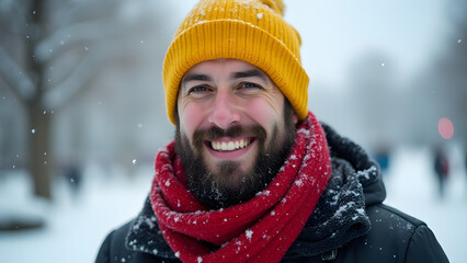 Man in yellow hat smiles in snowy conditions with red scarf around his neck.